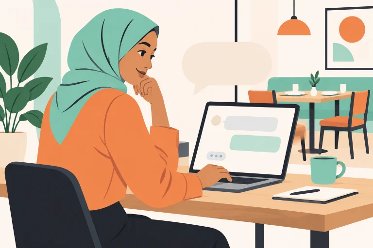 Eine Restaurantleiterin mit Hijab stellt Coplo AI am Laptop eine Frage.