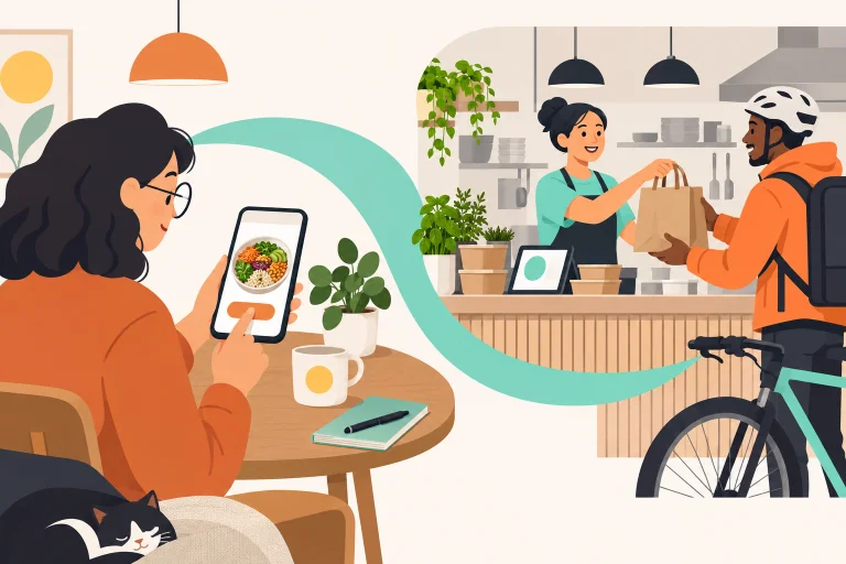 Ein Gast wählt ein Gericht auf dem Smartphone; im Restaurant wird eine verpackte Bestellung an einen Fahrradkurier übergeben.