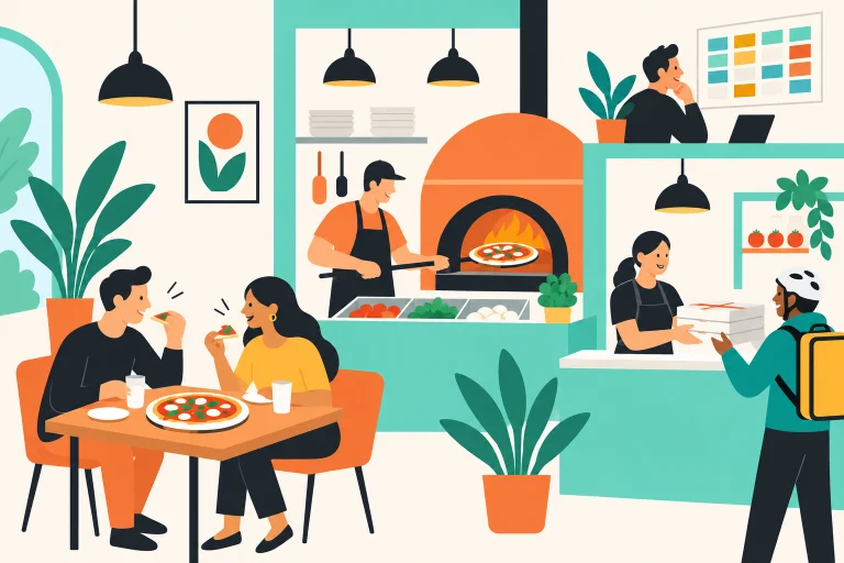 Pizzeria mit Gastraum, Küche, Abholung und Schichtplanung.