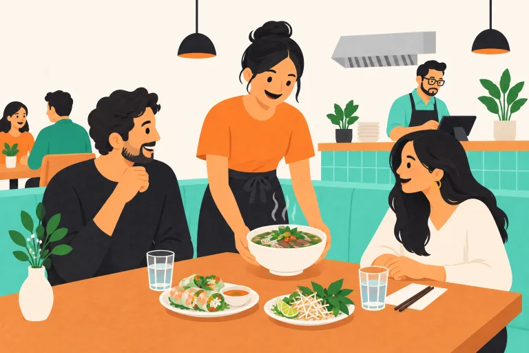 Service im vietnamesischen Restaurant: Phở, frische Kräuter und ein aufmerksames Team.