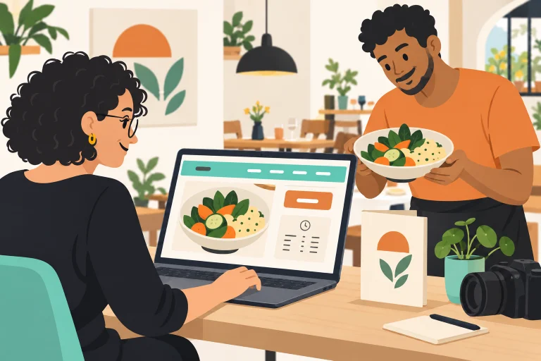 Eine Inhaberin gestaltet ihren Restaurantauftritt, ein Kollege präsentiert ein Gericht.